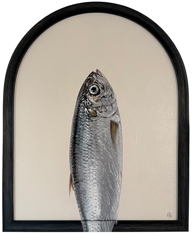 A realistic painting of a fish, prominently displayed with its head facing upwards, set within an arched black frame against a plain beige background.
