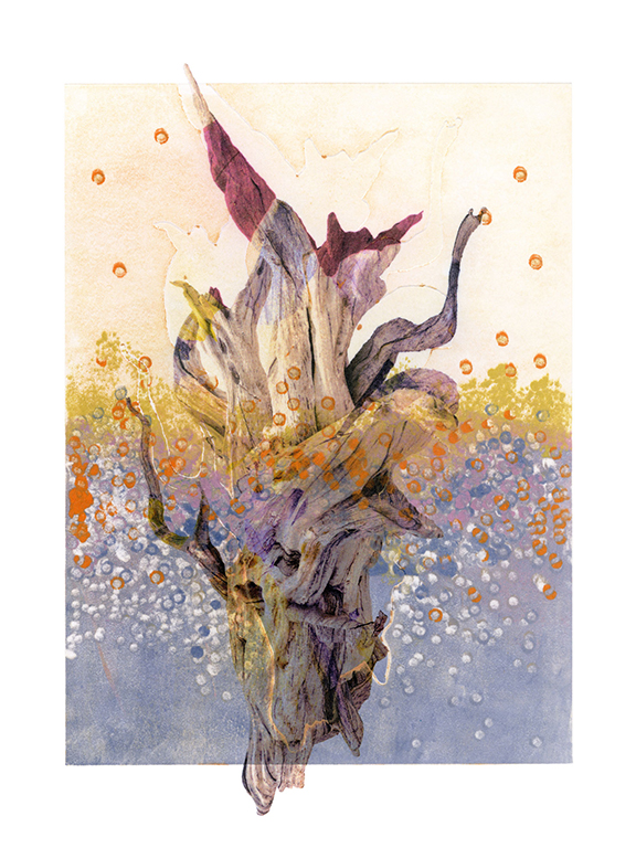 An abstract artistic composition featuring a central twisted form that resembles a tree trunk, surrounded by colorful, textured patterns in shades of orange, yellow, and blue.