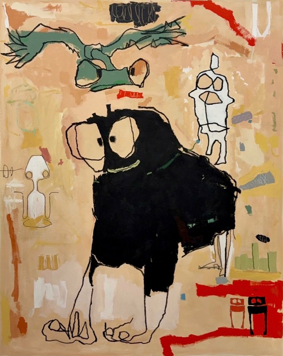 A colorful abstract painting featuring a large black figure with exaggerated eyes, surrounded by stylized bird-like shapes and abstract forms in greens, reds, and earthy tones.